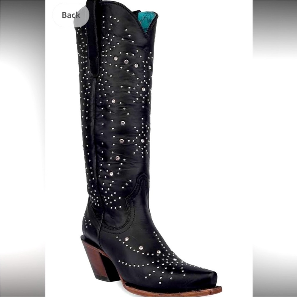 CORRAL WOMENS BLACK CRYSTALS AND STUD SEQUENCE TALL BOOTS